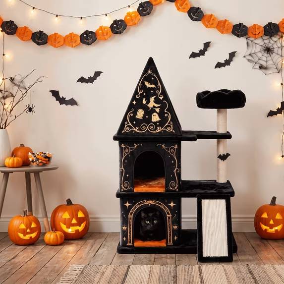 47.2 gothic cat tree with hiding condos, plush basket & scratching post 14