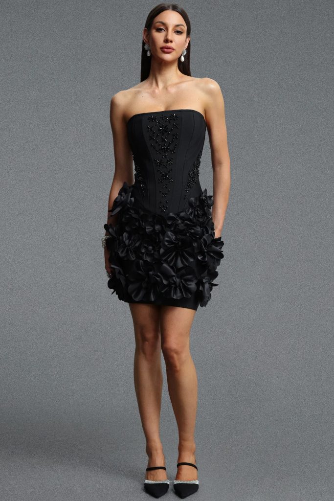 andrea strapless pearl floral mini bandage dress in black 11