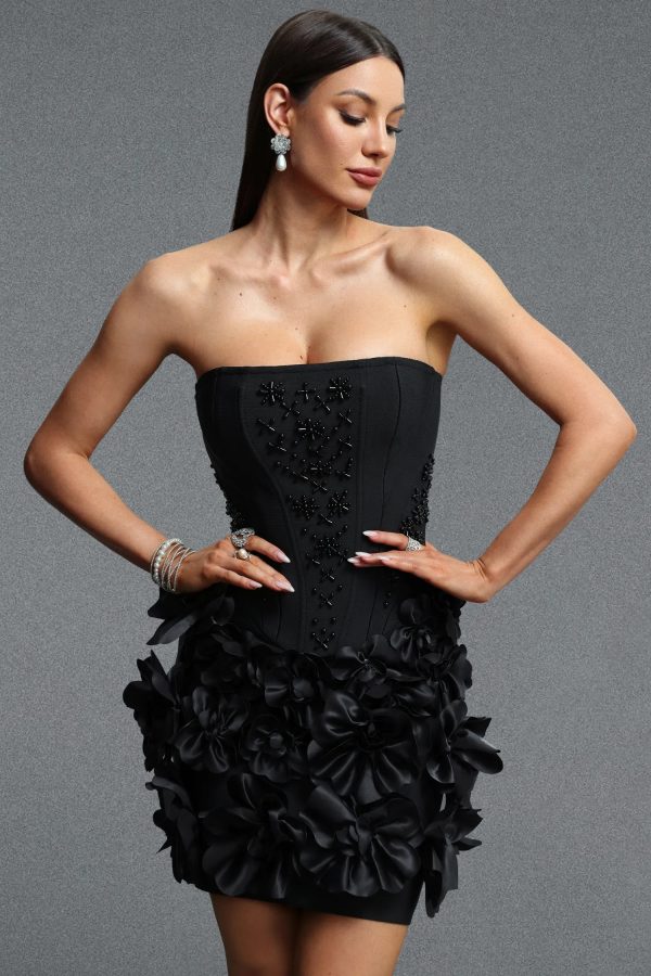 andrea strapless pearl floral mini bandage dress in black 12