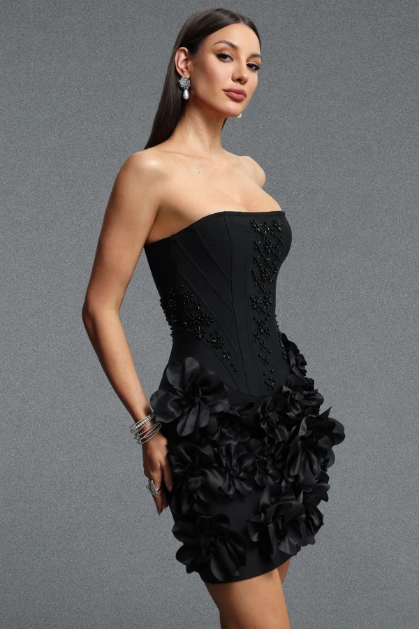andrea strapless pearl floral mini bandage dress in black 14