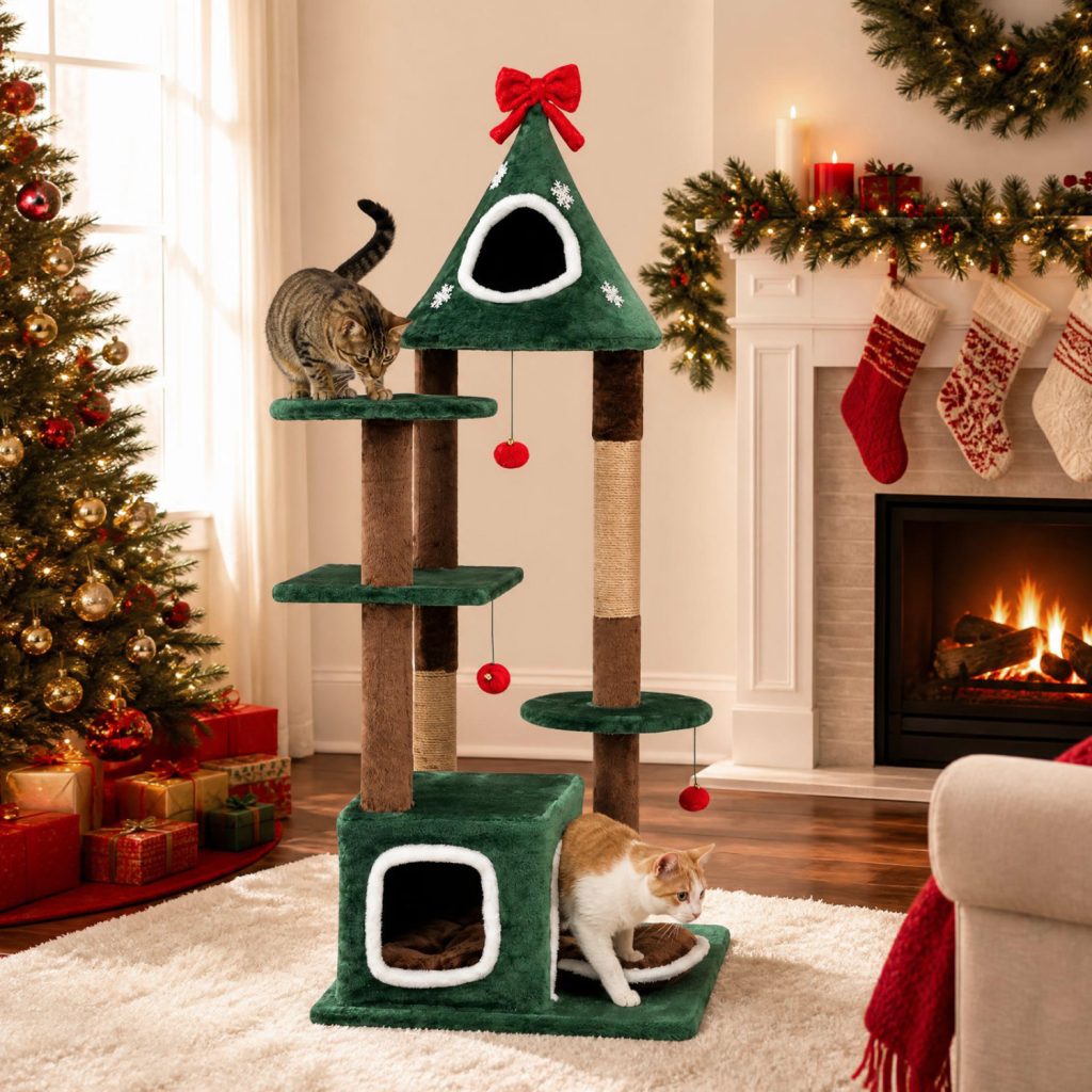 christmas cat tree with 2 condos & removable cushion 11