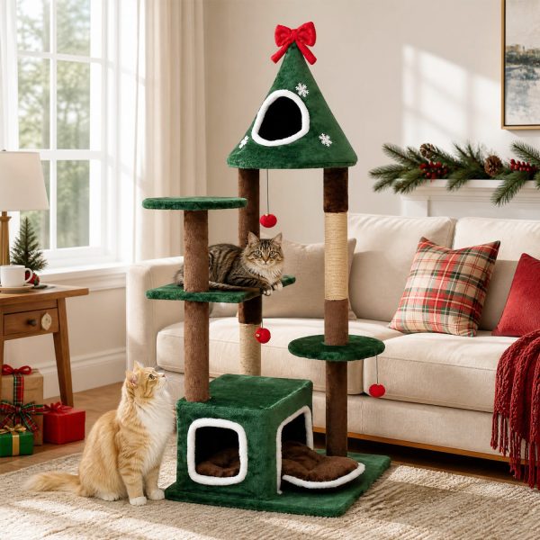 christmas cat tree with 2 condos & removable cushion 12