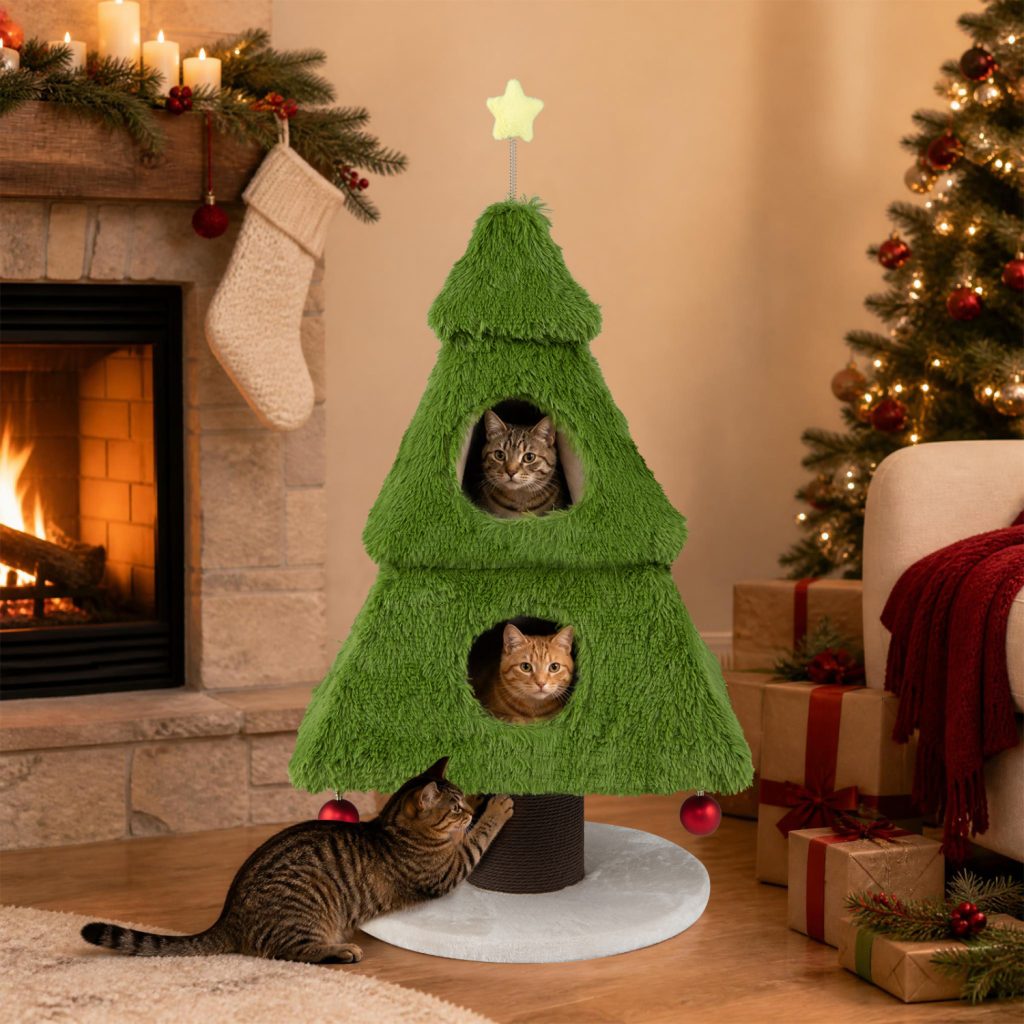 christmas cat tree with scratching post & dangling balls 11