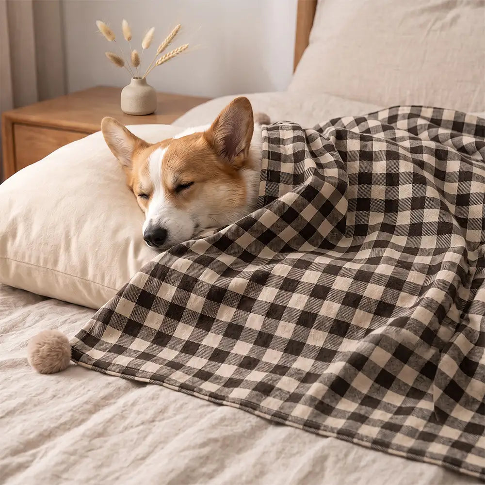 cozy reversible plaid plush pet throw blanket with pom poms 11