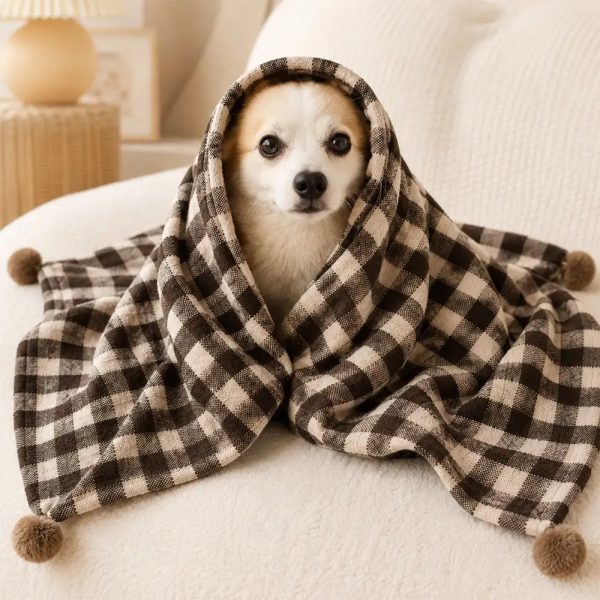cozy reversible plaid plush pet throw blanket with pom poms 12