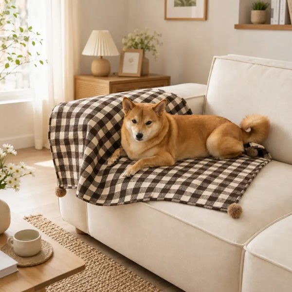 cozy reversible plaid plush pet throw blanket with pom poms 14