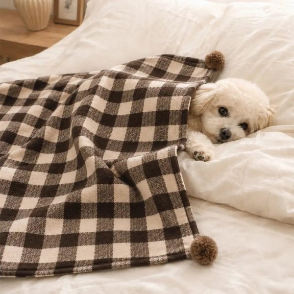 cozy reversible plaid plush pet throw blanket with pom poms 16