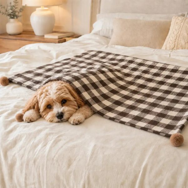 cozy reversible plaid plush pet throw blanket with pom poms 17