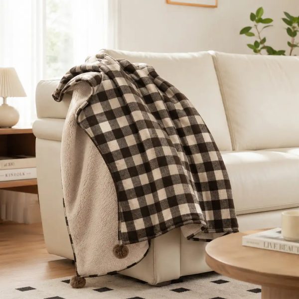 cozy reversible plaid plush pet throw blanket with pom poms 20