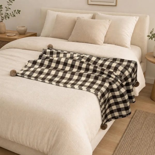 cozy reversible plaid plush pet throw blanket with pom poms 22