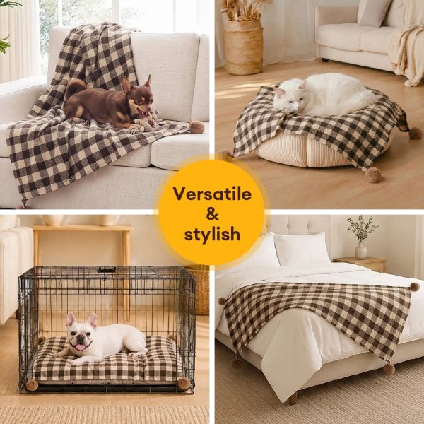 cozy reversible plaid plush pet throw blanket with pom poms 23