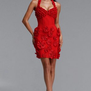 delilah halter floral ball trim bandage mini dress 11