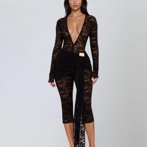 draelyric plunge neck lace capri jumpsuit in black 11 draelyric plunge neck lace capri jumpsuit in black 11