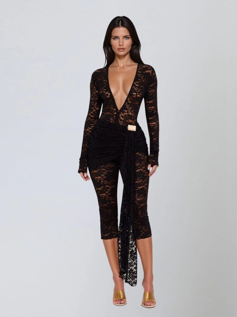 draelyric plunge neck lace capri jumpsuit in black 11