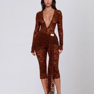 draelyric plunge neck lace capri jumpsuit in coffee 11 draelyric plunge neck lace capri jumpsuit in coffee 11