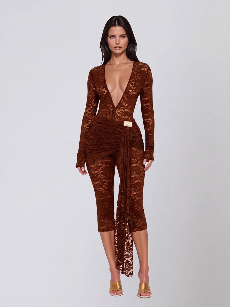 draelyric plunge neck lace capri jumpsuit in coffee 11