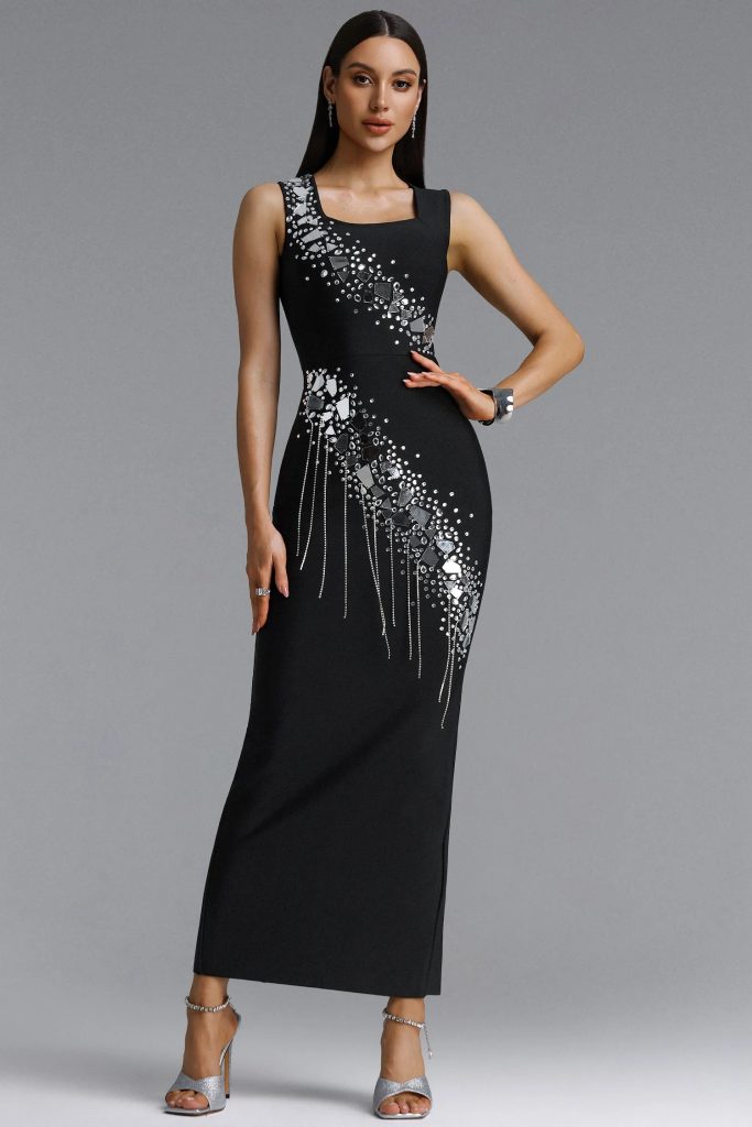 estella sleeveless mirror rhinestone tassel bandage maxi dress 11