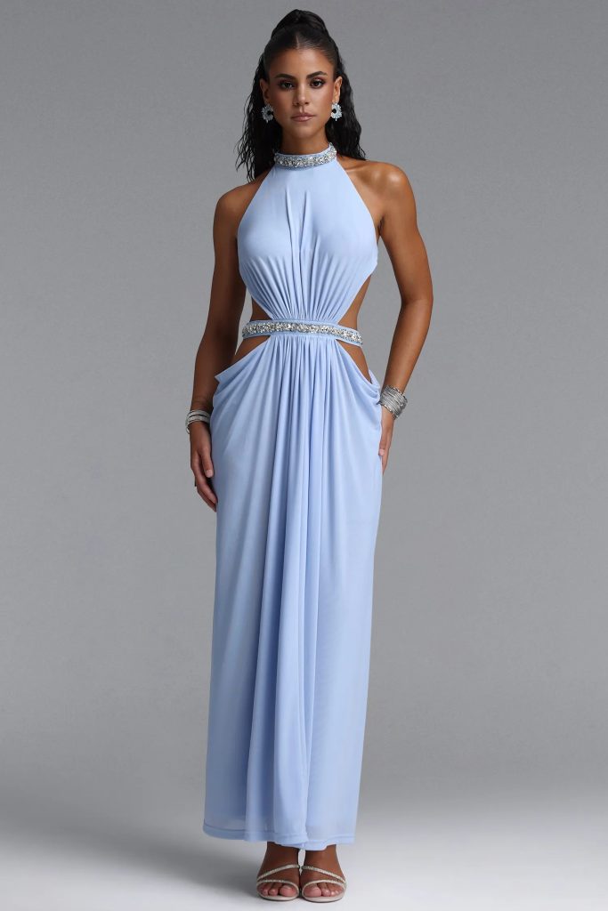 evelina chic flowy halter open back ruched maxi dress in blue 11