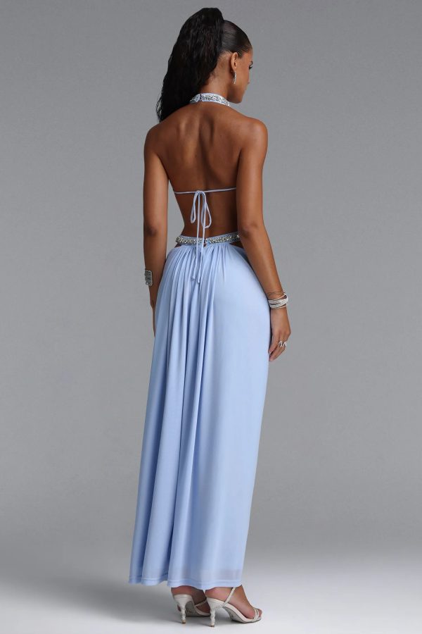 evelina chic flowy halter open back ruched maxi dress in blue 16