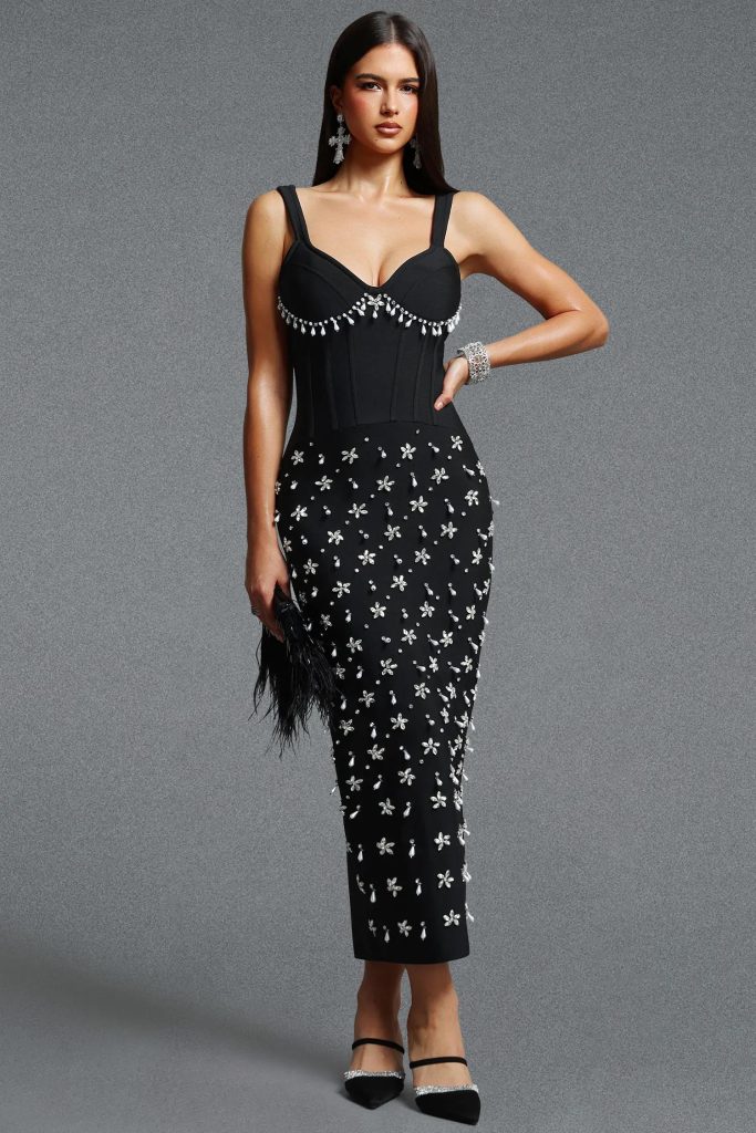 fagro spaghetti strap pearl tassel floral bandage maxi dress 11