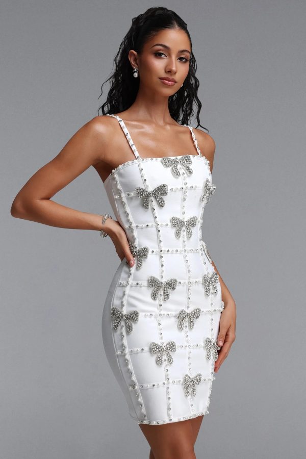 frances bow rhinestone bandage mini dress in white 14