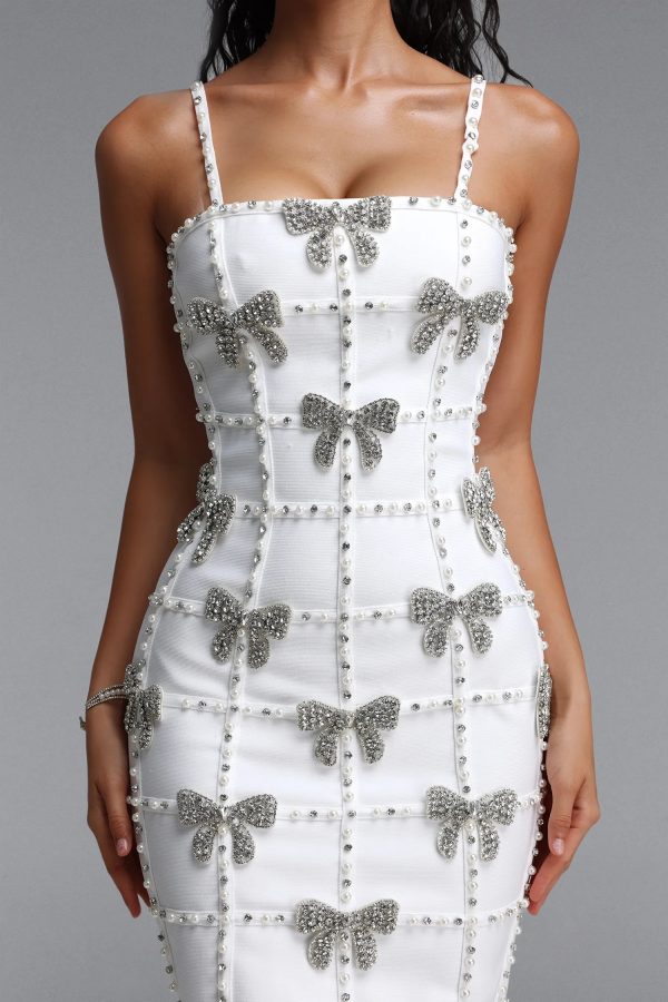 frances bow rhinestone bandage mini dress in white 15