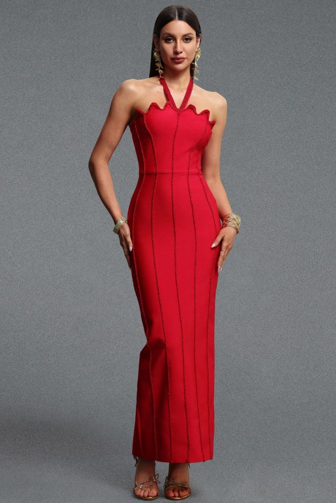 kalene halter scallop edge bead bandage maxi dress in red 11