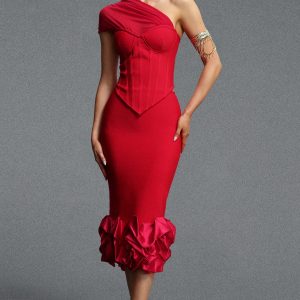 kirara cinched waist one shoulder top & ruched detail bandage skirt set 11