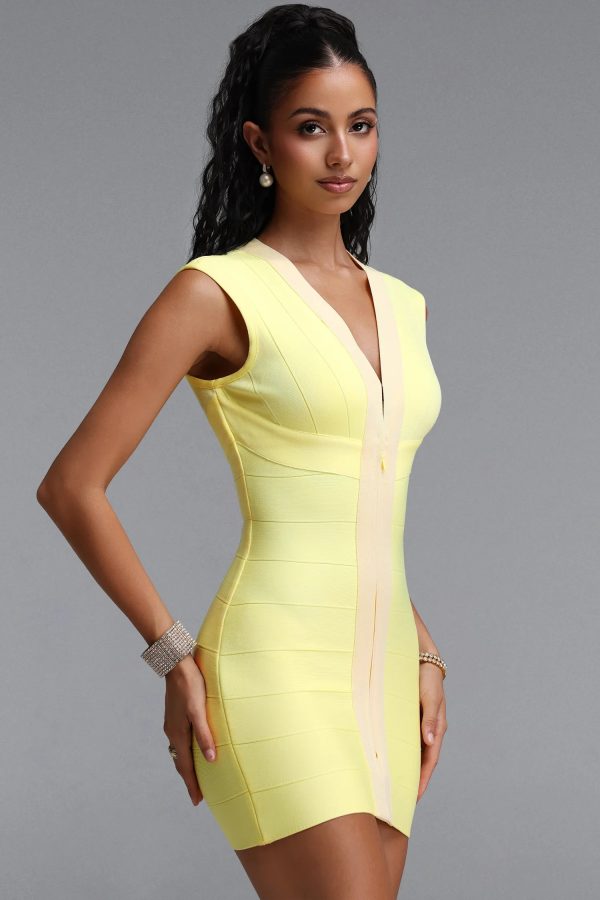 laly sleeveless v neck stripe trim bandage yellow mini dress 14
