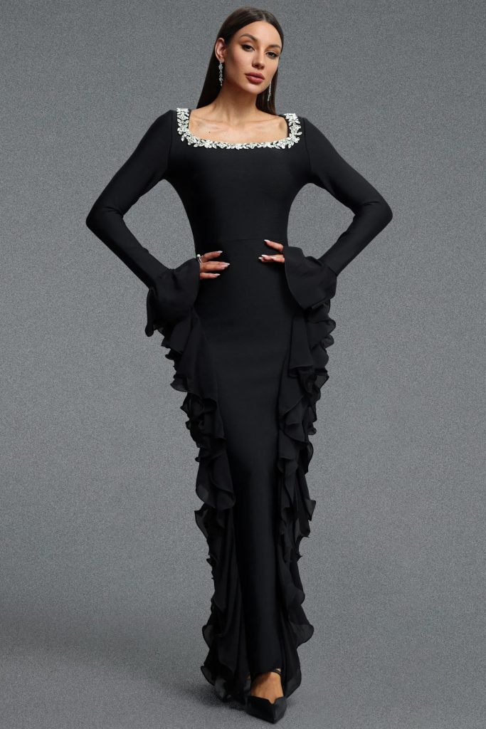 mavis square neck long sleeve rhinestone ruffle bandage maxi dress 11