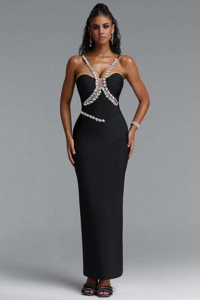 mota halter v neck rhinestone bandage maxi dress in black 11