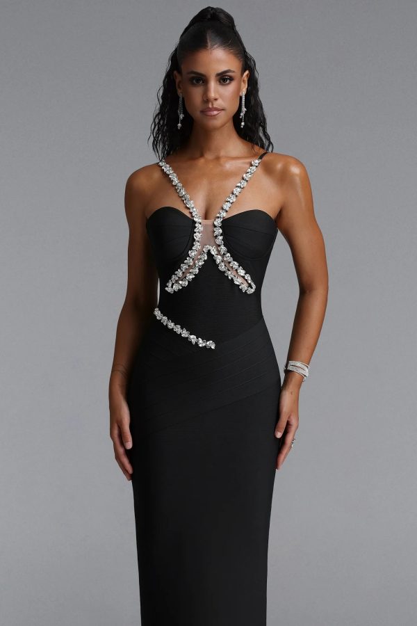 mota halter v neck rhinestone bandage maxi dress in black 12
