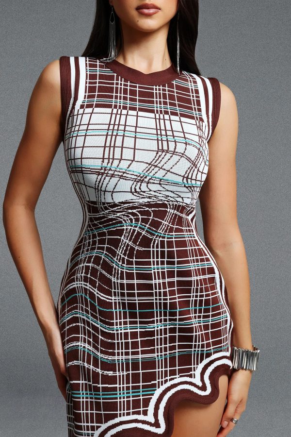 quinn sleeveless round neck plaid asymmetrical wavy bandage mini dress 13