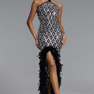 raola halter rhinestone sequin feather maxi dress 11