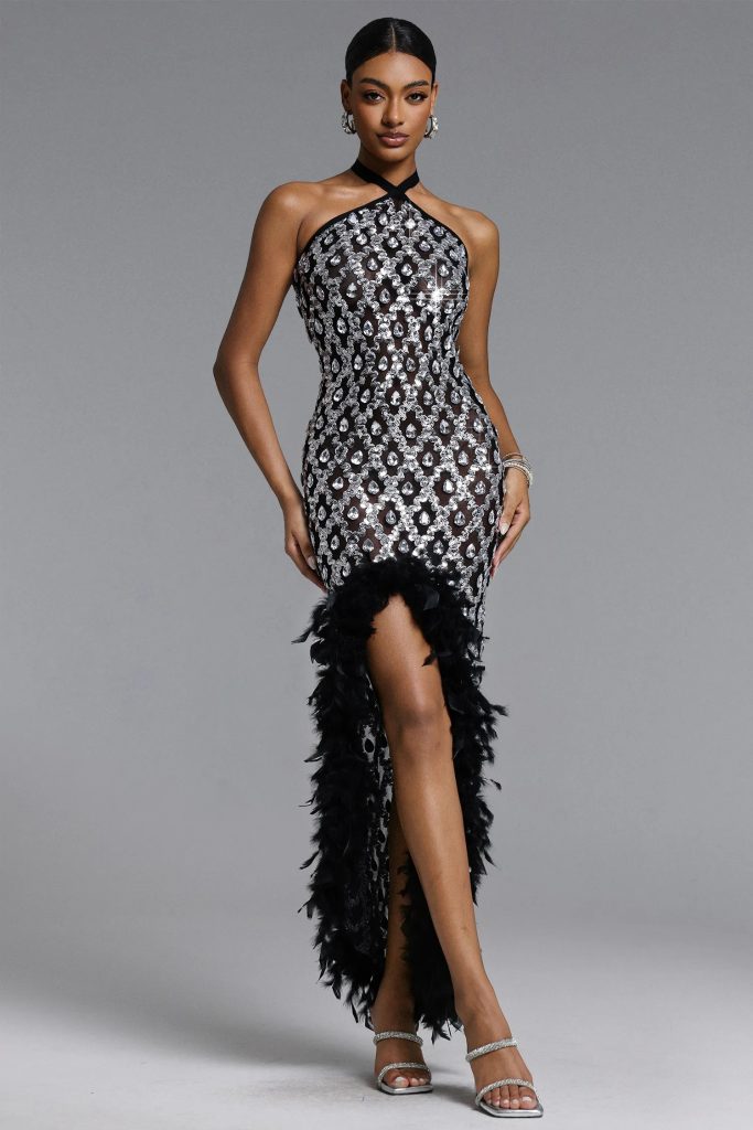 raola halter rhinestone sequin feather maxi dress 11