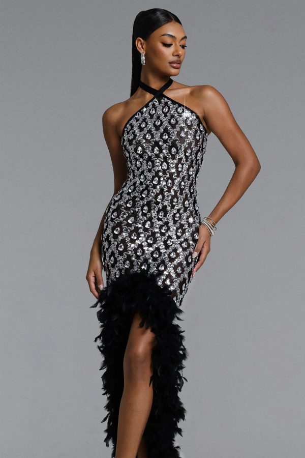 raola halter rhinestone sequin feather maxi dress 12