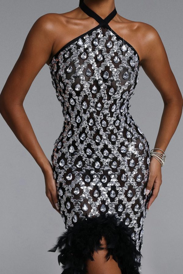 raola halter rhinestone sequin feather maxi dress 13