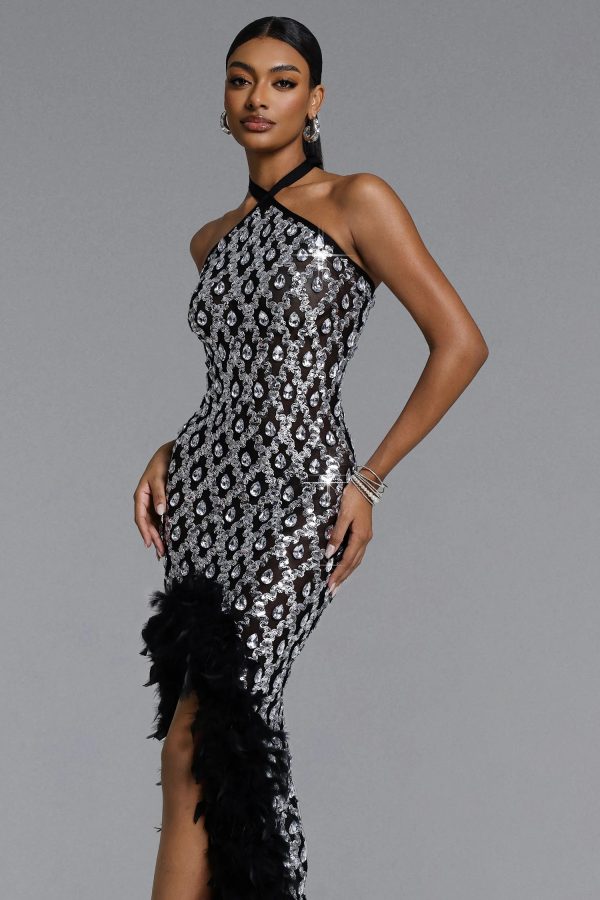 raola halter rhinestone sequin feather maxi dress 14