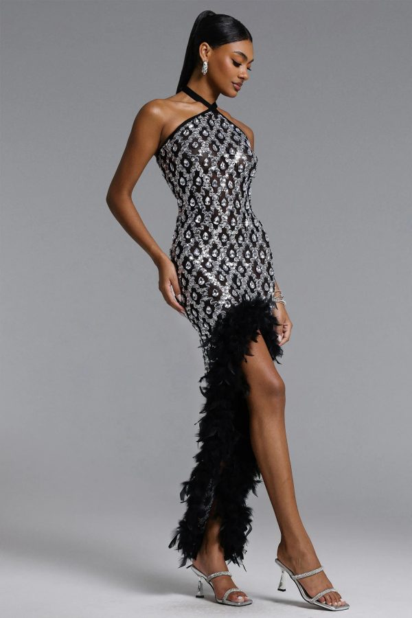 raola halter rhinestone sequin feather maxi dress 15