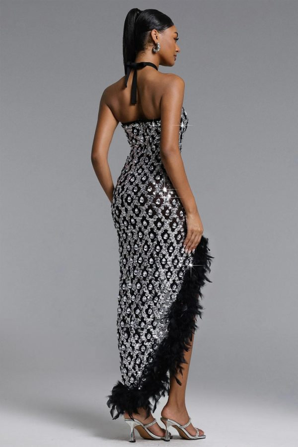 raola halter rhinestone sequin feather maxi dress 16