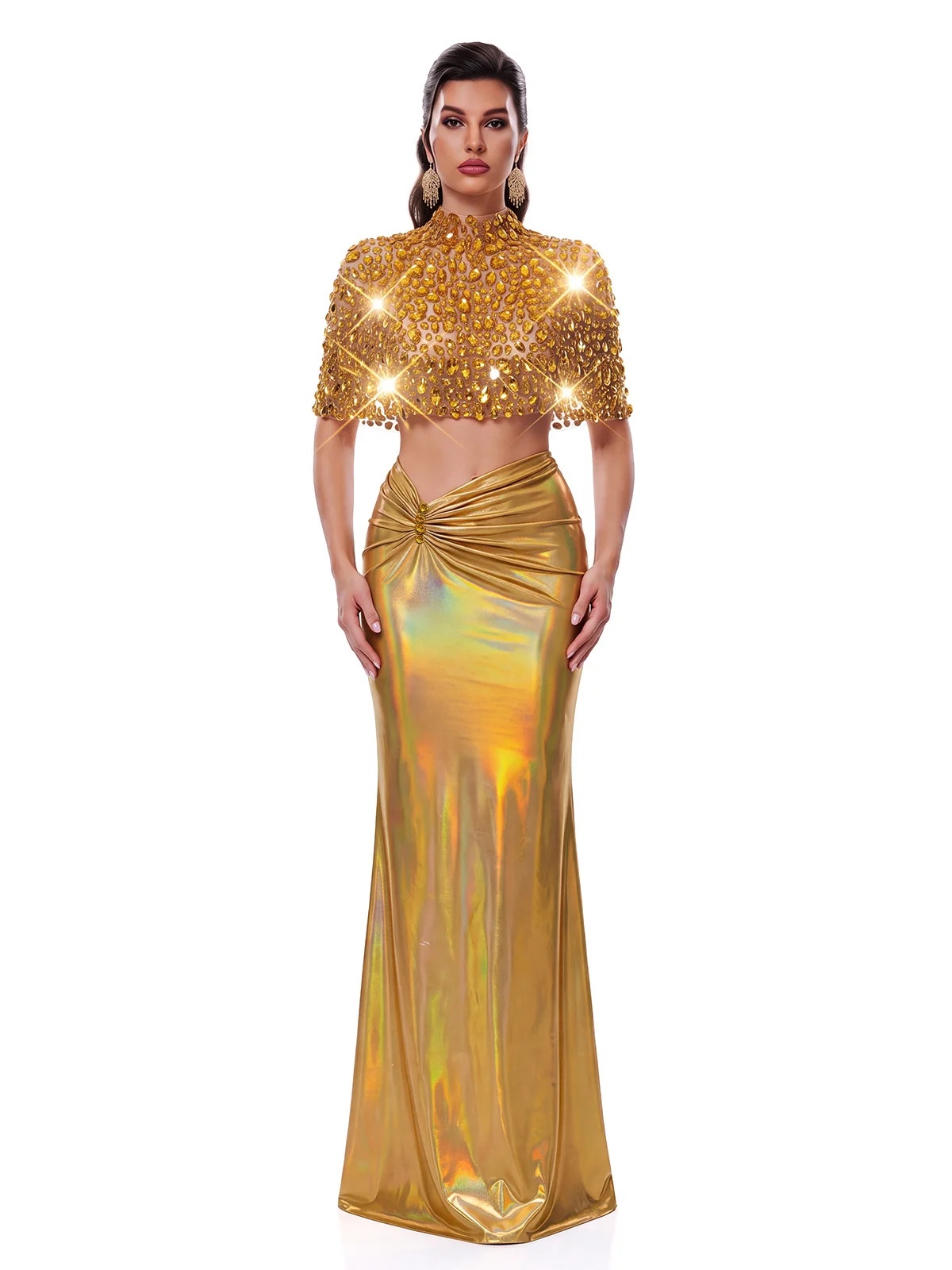 taldrek cape crystal ruched skirt set in gold 11