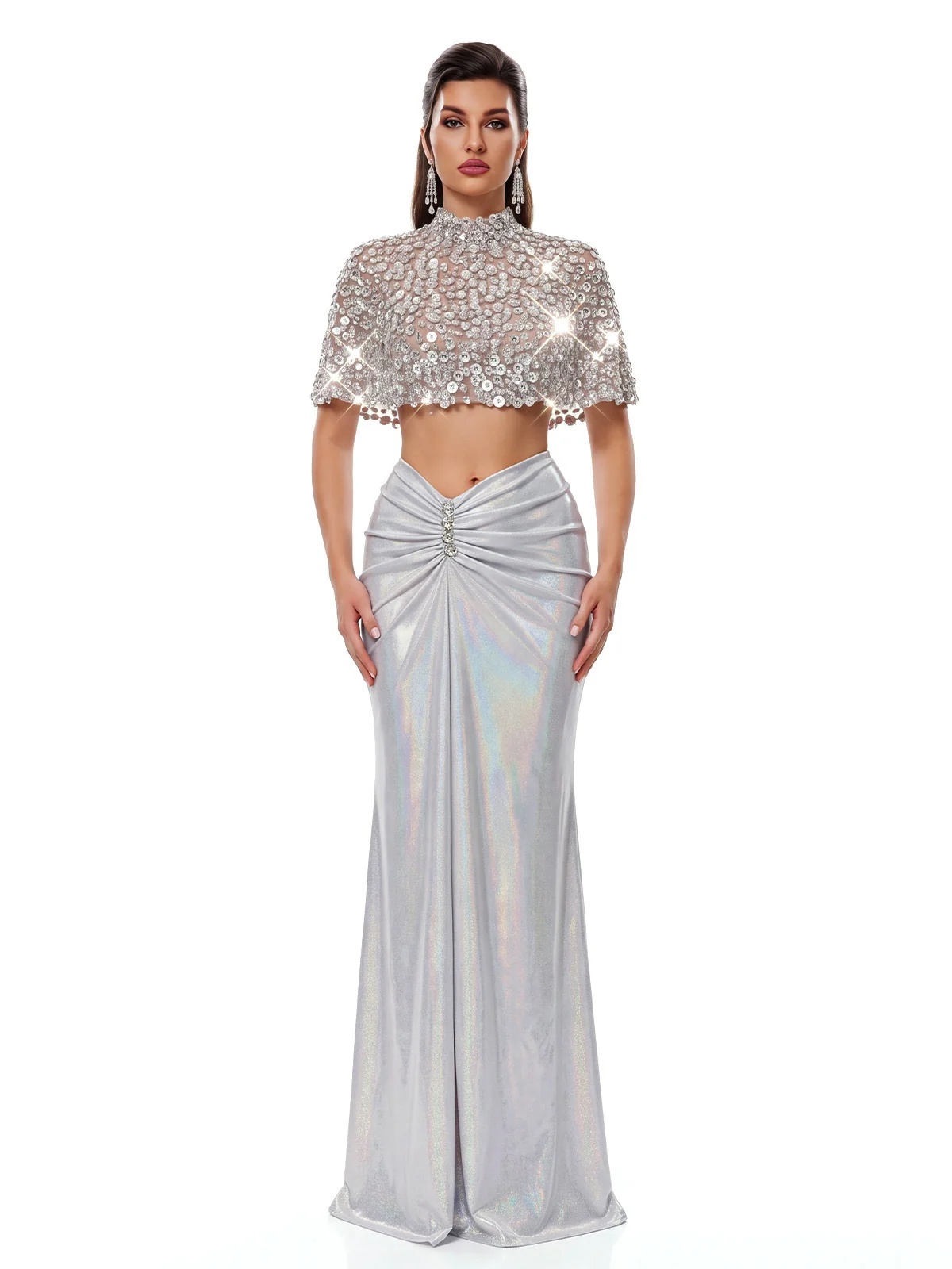 taldrek cape crystal ruched skirt set in silver 11