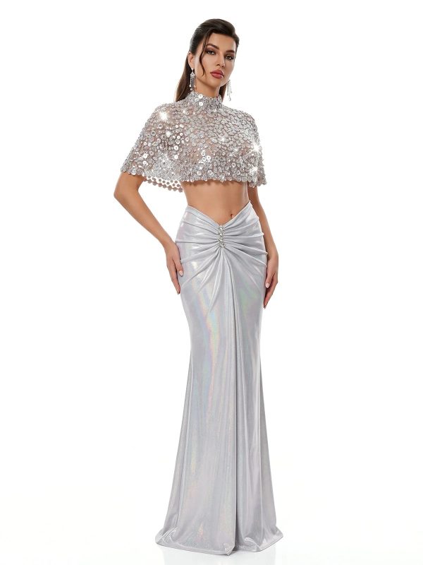 taldrek cape crystal ruched skirt set in silver 12