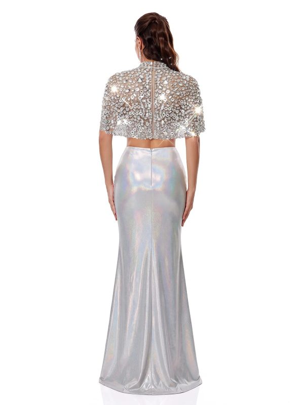 taldrek cape crystal ruched skirt set in silver 14
