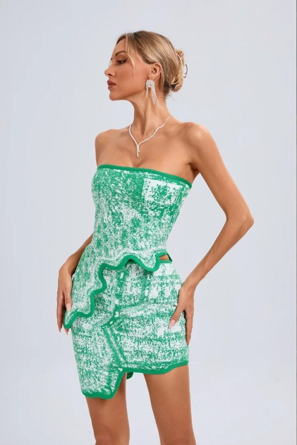trinaco scalloped print green bandage top & skirt set 14