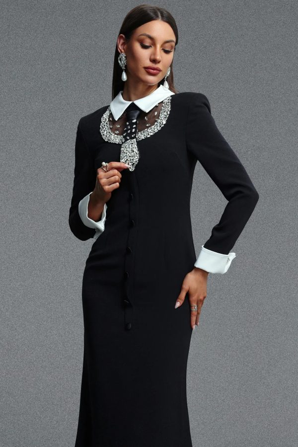 vallea long sleeve lapel rhinestone embellished woven maxi dress 12