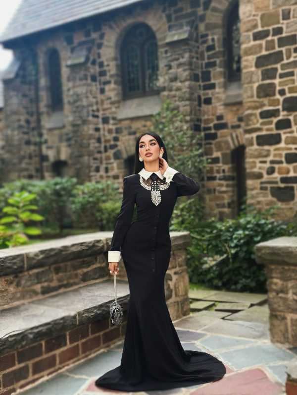 vallea long sleeve lapel rhinestone embellished woven maxi dress 22