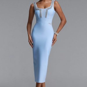 vara rhinestone mesh spliced bandage midi dress 11