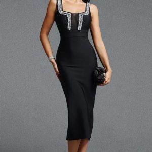 vara rhinestone mesh spliced bandage midi dress in black 11