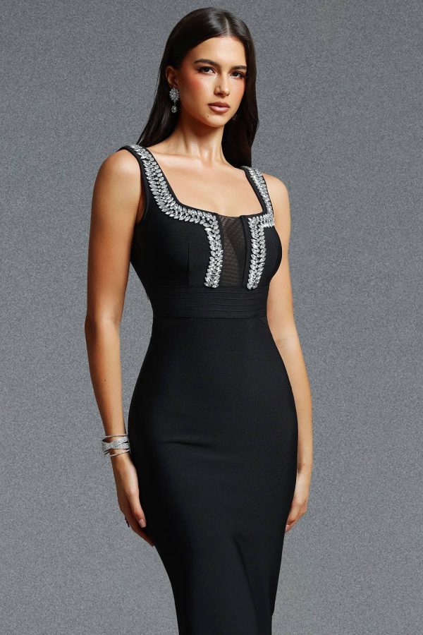 vara rhinestone mesh spliced bandage midi dress in black 14
